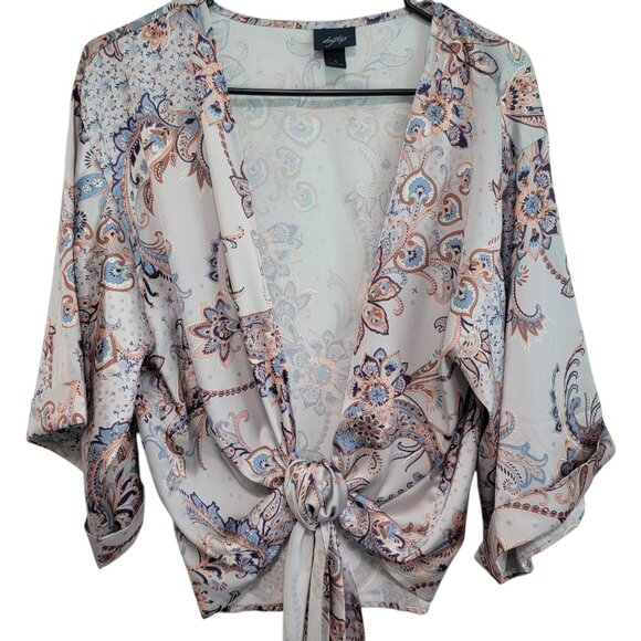 Daytrip Womens Sz S Silky Floral Paisley Short Kimono Jacket Blouse Boho Hippie - Picture 1 of 8